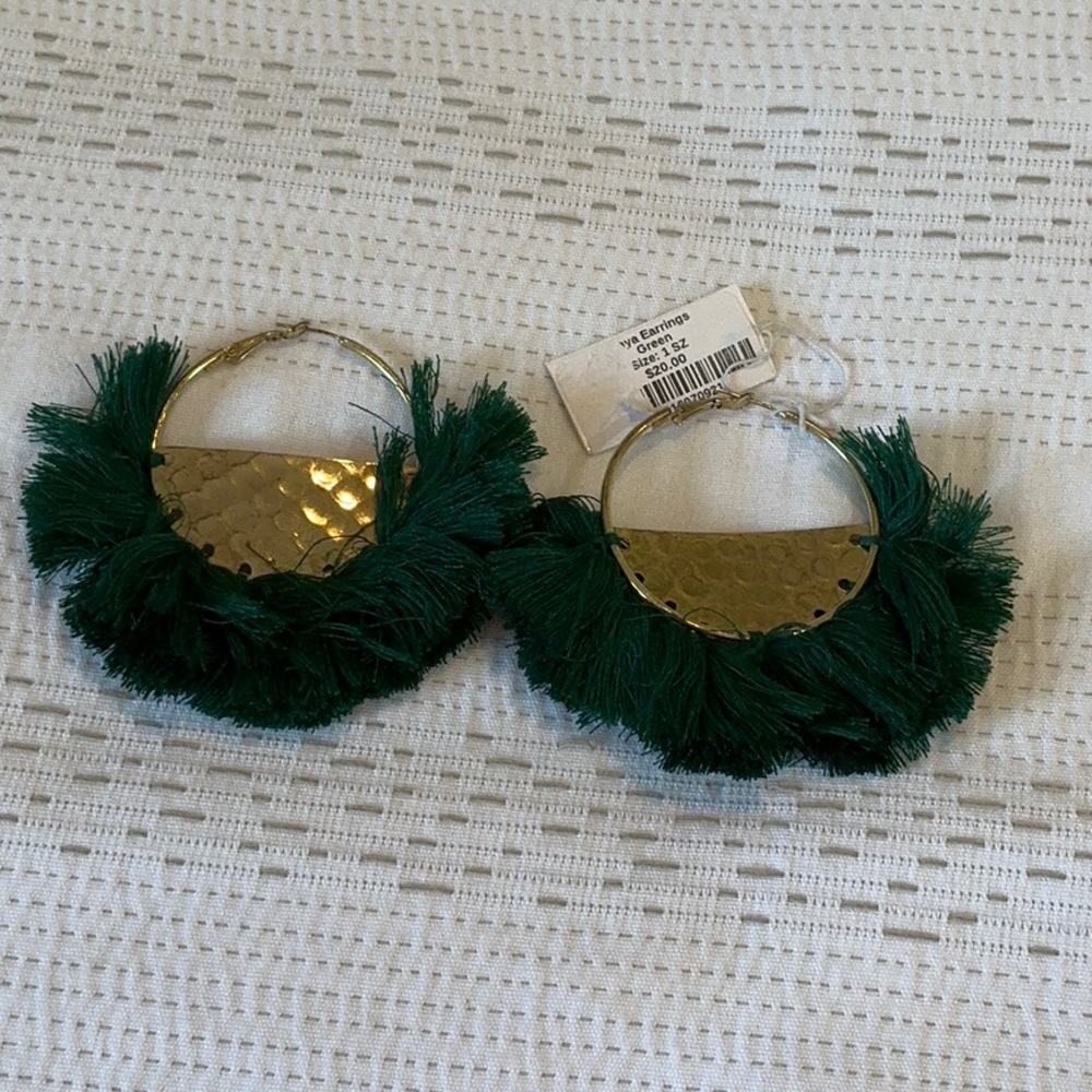 Gold and Green Fringe Hoop Earrings